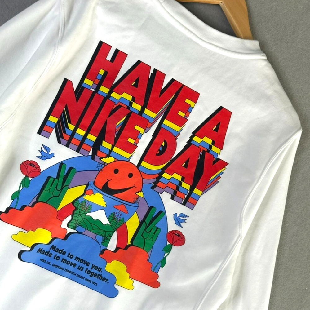 NIKE Sweatshirt Mens S White Have a Nike Day Spirit Fleece Crewneck Swoosh 0345
